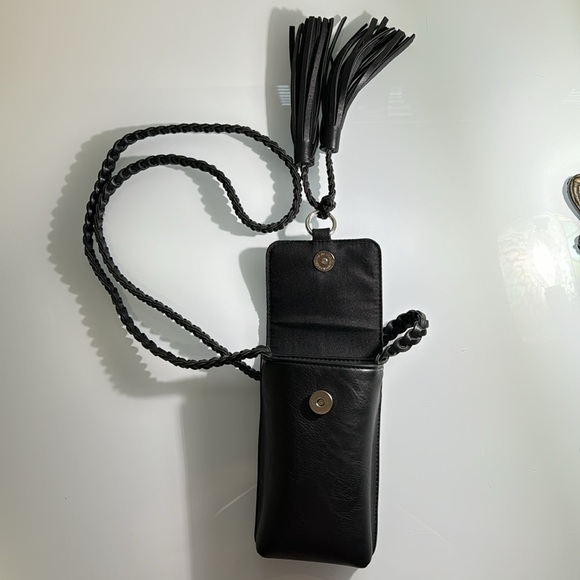 Dress Barn black vegan leather braided crossbody w/ tassels - Picture 3 of 11